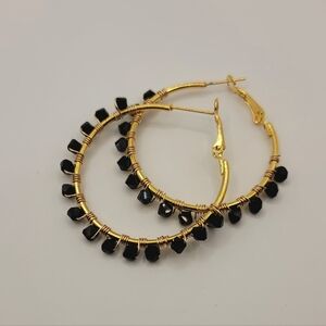 Gold & Black Beaded Hoop Earrings Handmade Wire Wrapped Statement Earrings